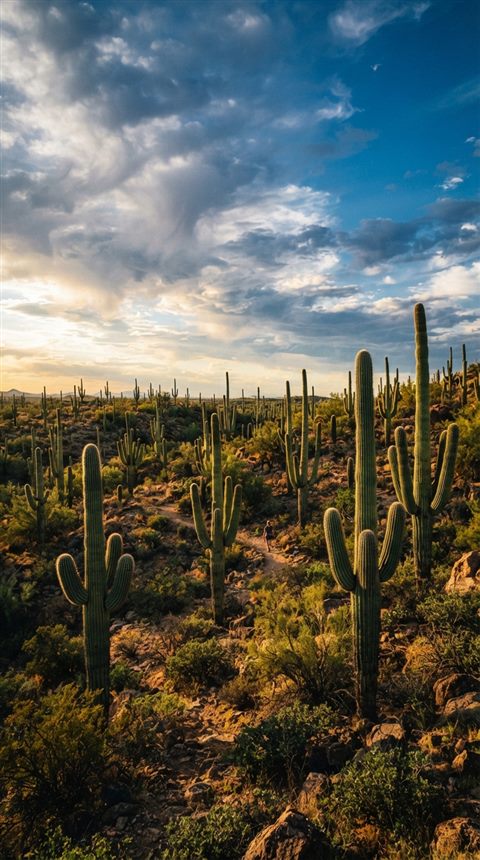 Cinematic film still of cactus plants, wide shot with open space at the top for text, vivid colors, high contrast, energetic, 9:16 aspect ratio