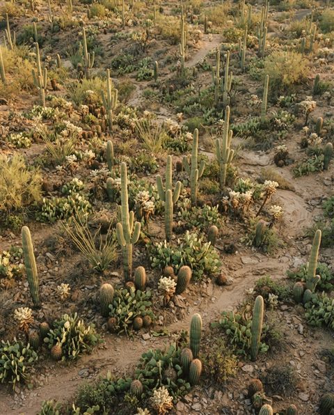 Cinematic film still of cactus plants, high-angle view from above, warm golden light, calm mood, 4:5 aspect ratio