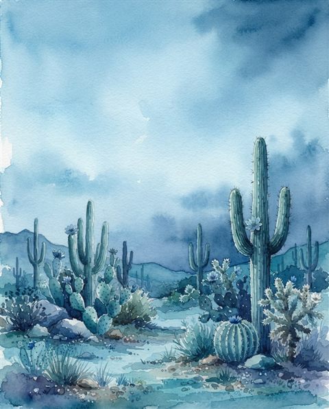 Watercolor illustration of cactus plants, wide shot with open space at the top for text, cool blue tones, quiet atmosphere, 4:5 aspect ratio