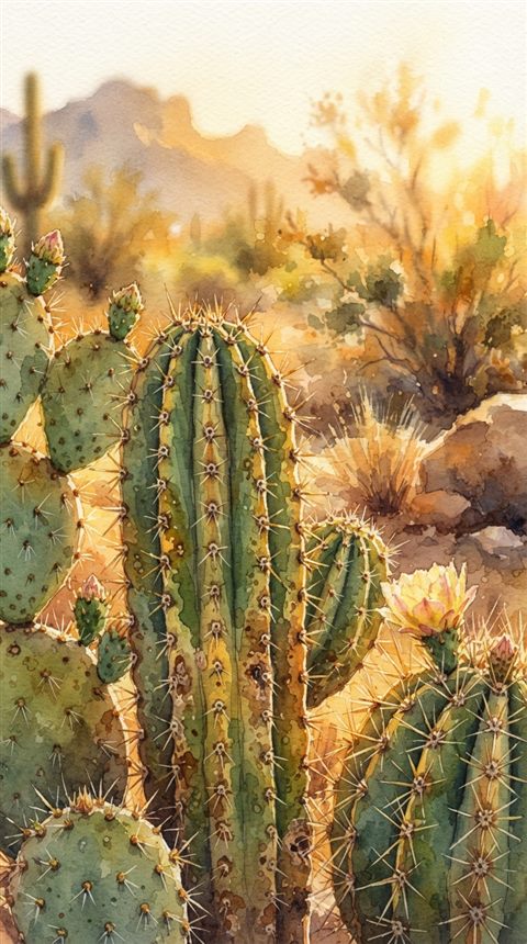 Watercolor illustration of cactus plants, close-up detail with shallow depth of field, warm golden light, calm mood, 9:16 aspect ratio
