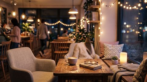 Soft 3d render of quiet cafe corner with warm lights at night, close-up detail with shallow depth of field, soft pastel colors, bright and cozy, 16:9 aspect ratio