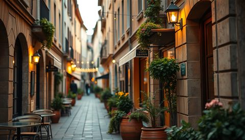 Photorealistic photo of A charming European-style alley with outdoor seating, flower pots, and warm string lights, close-up detail with shallow depth of field, warm golden light, calm mood, 16:9 aspect ratio