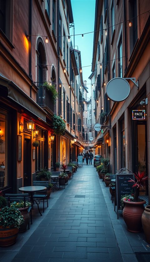 Photorealistic photo of A charming European-style alley with outdoor seating, flower pots, and warm string lights, wide shot with open space at the top for text, moody dark tones, dramatic lighting, 9:16 aspect ratio