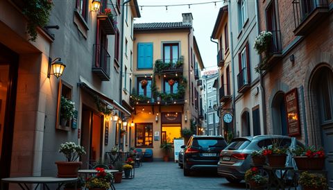 Cinematic film still of A charming European-style alley with outdoor seating, flower pots, and warm string lights, wide shot with open space at the top for text, vivid colors, high contrast, energetic, 16:9 aspect ratio