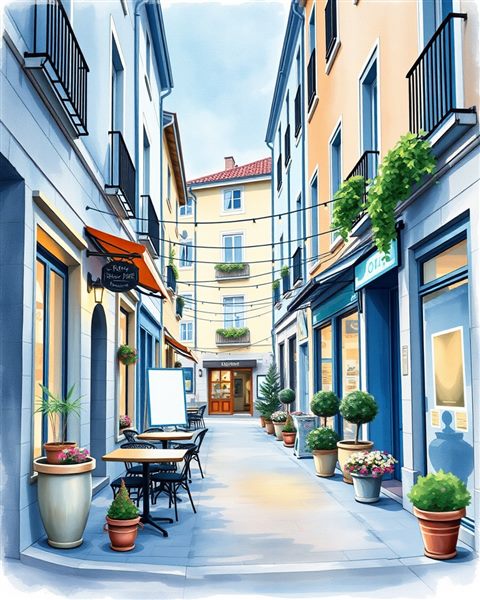 Watercolor illustration of A charming European-style alley with outdoor seating, flower pots, and warm string lights, centered subject with a simple uncluttered composition, cool blue tones, quiet atmosphere, 4:5 aspect ratio