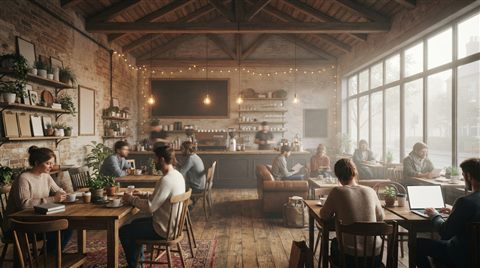 Photorealistic photo of cozy cafe interior, wide shot with open space at the top for text, misty morning haze, dreamy, 16:9 aspect ratio