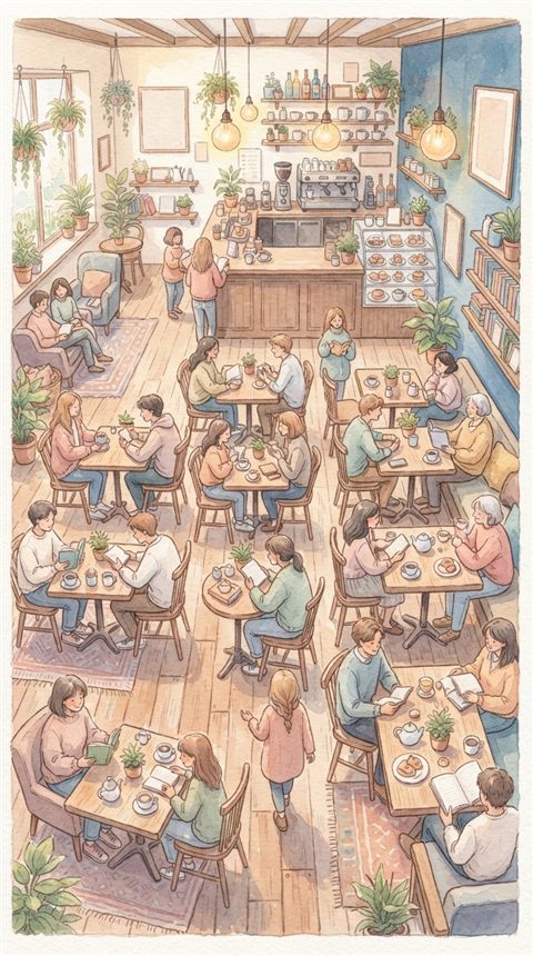 Watercolor illustration of cozy cafe interior, high-angle view from above, soft pastel colors, bright and cozy, 9:16 aspect ratio