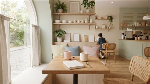 Photorealistic photo of cozy cafe interior, centered subject with a simple uncluttered composition, soft pastel colors, bright and cozy, 16:9 aspect ratio
