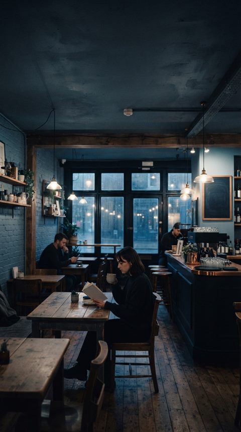 Cinematic film still of cozy cafe interior, wide shot with open space at the top for text, cool blue tones, quiet atmosphere, 9:16 aspect ratio