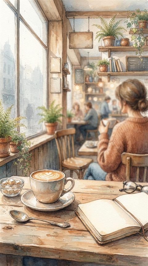 Watercolor illustration of cozy cafe interior, close-up detail with shallow depth of field, misty morning haze, dreamy, 9:16 aspect ratio