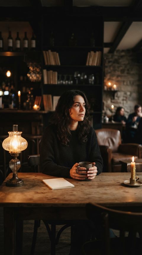 Cinematic film still of cozy cafe interior, centered subject with a simple uncluttered composition, moody dark tones, dramatic lighting, 9:16 aspect ratio