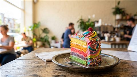 Photorealistic photo of slice of cake, wide shot with open space at the top for text, vivid colors, high contrast, energetic, 16:9 aspect ratio