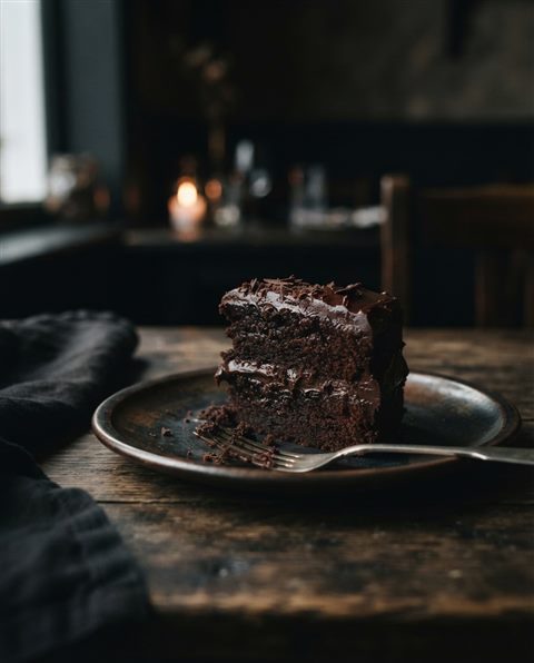 Cinematic film still of slice of cake, close-up detail with shallow depth of field, moody dark tones, dramatic lighting, 4:5 aspect ratio