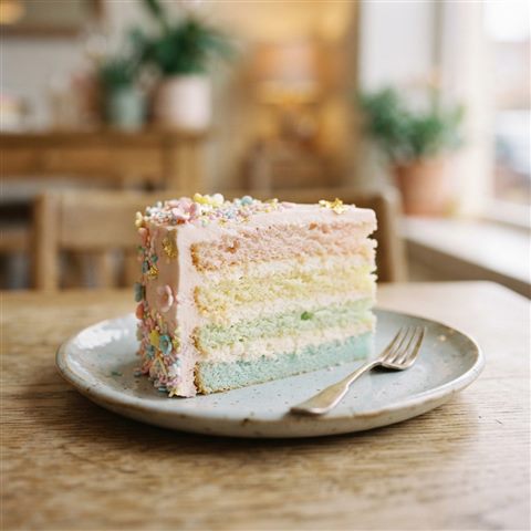 Photorealistic photo of slice of cake, close-up detail with shallow depth of field, soft pastel colors, bright and cozy, 1:1 aspect ratio