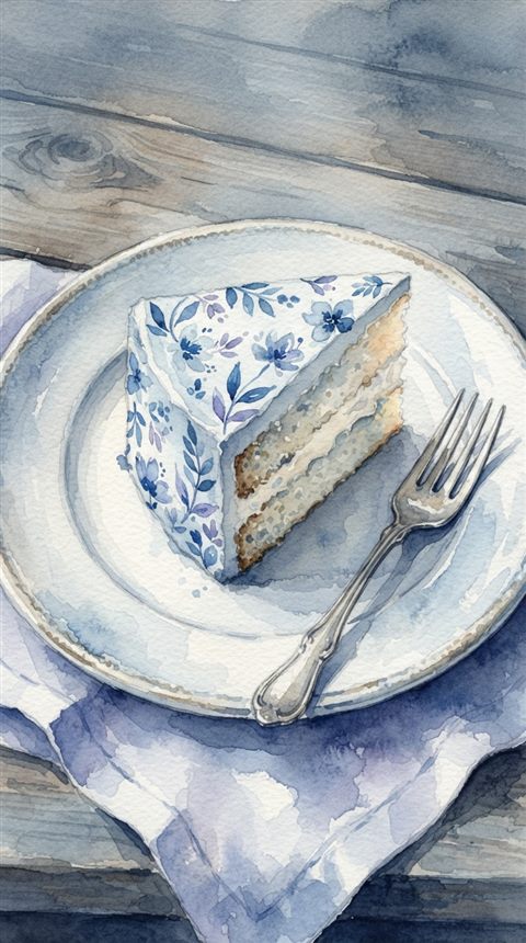 Watercolor illustration of slice of cake, high-angle view from above, cool blue tones, quiet atmosphere, 9:16 aspect ratio