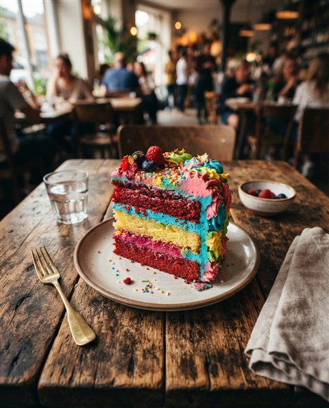 Cinematic film still of slice of cake, high-angle view from above, vivid colors, high contrast, energetic, 4:5 aspect ratio