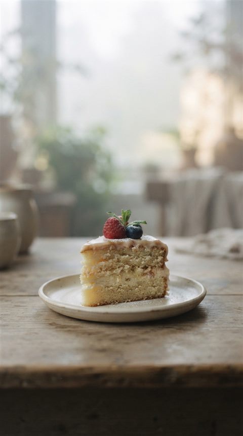 Cinematic film still of slice of cake, centered subject with a simple uncluttered composition, misty morning haze, dreamy, 9:16 aspect ratio