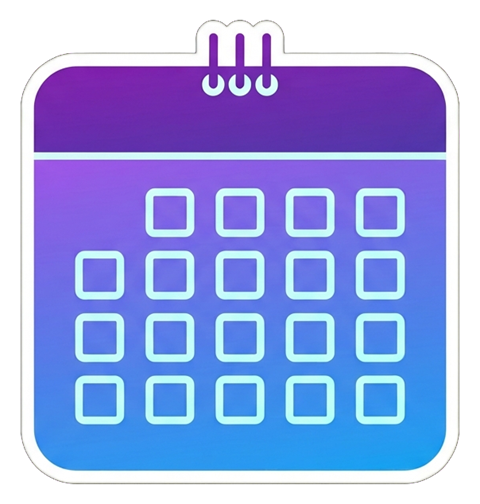 Gradient app-style icon, purple to blue gradient of a calendar page icon, transparent background PNG