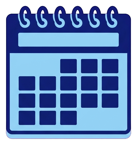 Duotone icon, navy blue and light blue of a calendar page icon, transparent background PNG