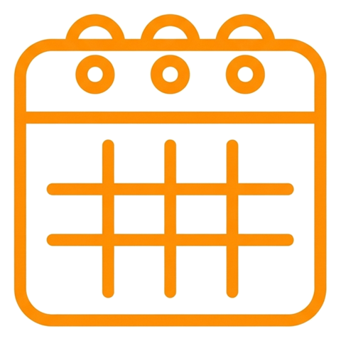 Rounded line icon, thick orange outline of a calendar page icon, transparent background PNG
