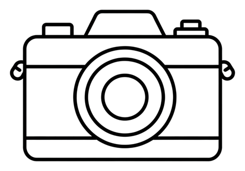 Thin black line icon, minimal outline of a photo camera icon, transparent background PNG