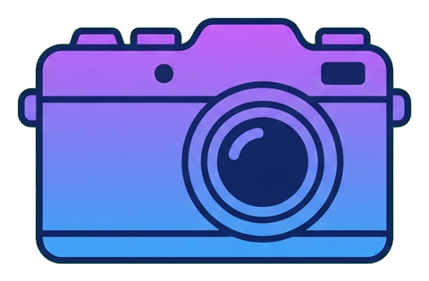 Gradient app-style icon, purple to blue gradient of a photo camera icon, transparent background PNG