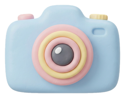 Soft 3D icon, pastel clay render of a photo camera icon, transparent background PNG