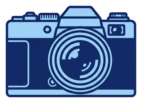 Duotone icon, navy blue and light blue of a photo camera icon, transparent background PNG
