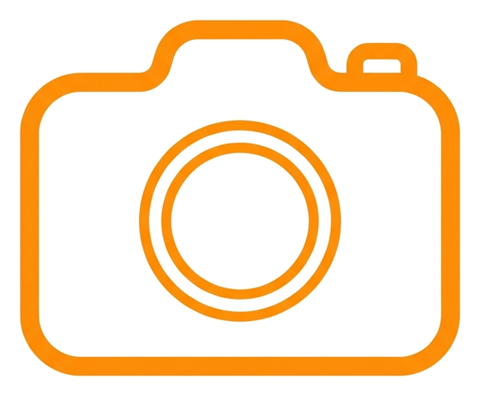 Rounded line icon, thick orange outline of a photo camera icon, transparent background PNG