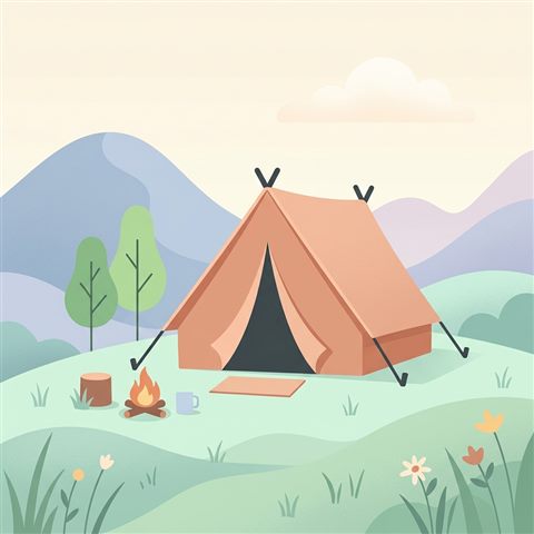 캠핑 텐트, 미니멀 플랫 일러스트, 단순하고 깔끔한 구도 가운데 놓인 피사체, 부드러운 파스텔 색감, 밝고 포근한 분위기, 1:1 비율