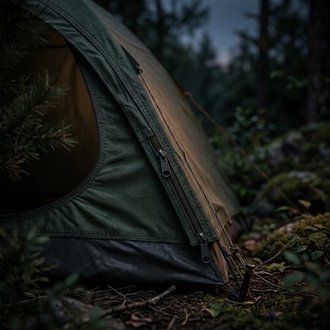 Soft 3d render of camping tent, close-up detail with shallow depth of field, moody dark tones, dramatic lighting, 1:1 aspect ratio