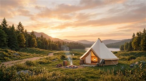 Soft 3d render of camping tent, wide shot with open space at the top for text, warm golden light, calm mood, 16:9 aspect ratio