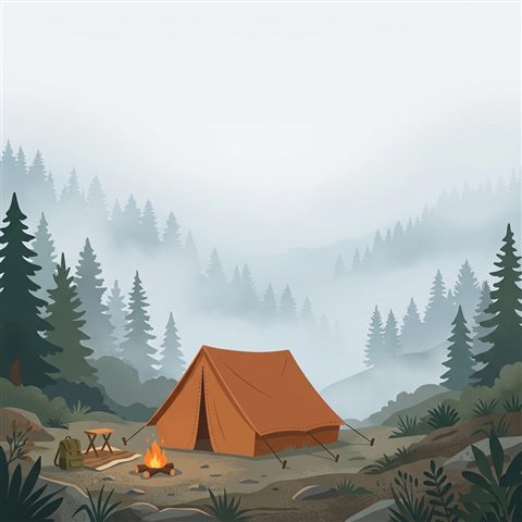 Minimal flat illustration of camping tent, wide shot with open space at the top for text, misty morning haze, dreamy, 1:1 aspect ratio