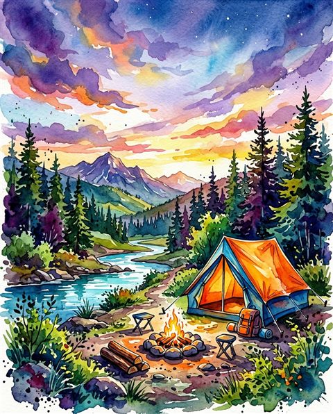 Watercolor illustration of camping tent, wide shot with open space at the top for text, vivid colors, high contrast, energetic, 4:5 aspect ratio