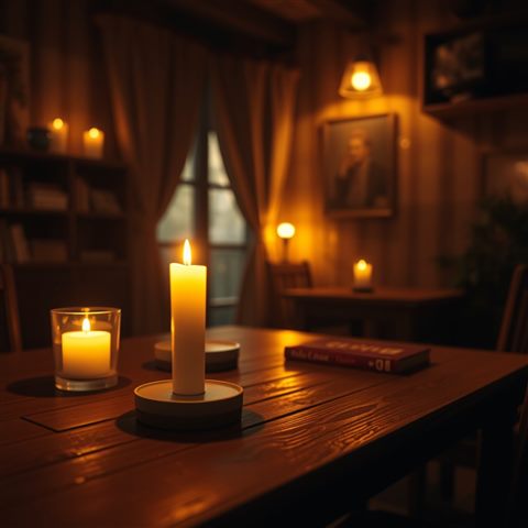 Photorealistic photo of A cozy room illuminated by warm candlelight on a wooden table, creating a peaceful and moody atmosphere, close-up detail with shallow depth of field, warm golden light, calm mood, 1:1 aspect ratio
