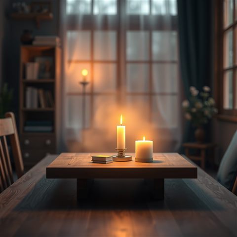 Soft 3D render of A cozy room illuminated by warm candlelight on a wooden table, creating a peaceful and moody atmosphere, close-up detail with shallow depth of field, misty morning haze, dreamy, 1:1 aspect ratio
