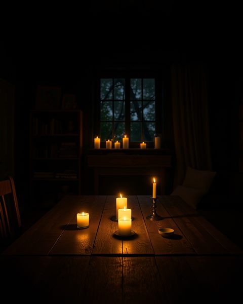 Photorealistic photo of A cozy room illuminated by warm candlelight on a wooden table, creating a peaceful and moody atmosphere, wide shot with open space at the top for text, moody dark tones, dramatic lighting, 4:5 aspect ratio