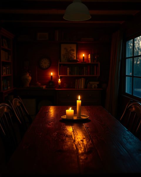 Cinematic film still of A cozy room illuminated by warm candlelight on a wooden table, creating a peaceful and moody atmosphere, wide shot with open space at the top for text, vivid colors, high contrast, energetic, 4:5 aspect ratio