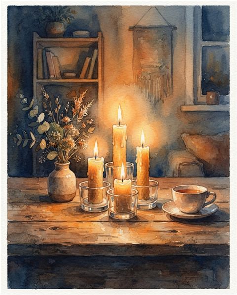 Watercolor illustration of glowing candles on a table, centered subject with a simple uncluttered composition, warm golden light, calm mood, 4:5 aspect ratio