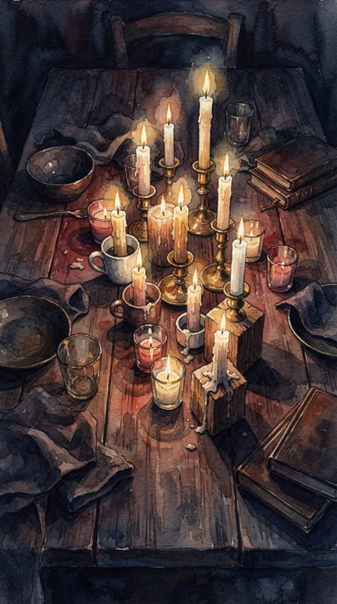 Watercolor illustration of glowing candles on a table, high-angle view from above, moody dark tones, dramatic lighting, 9:16 aspect ratio