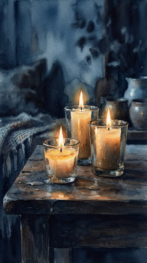Watercolor illustration of glowing candles on a table, close-up detail with shallow depth of field, cool blue tones, quiet atmosphere, 9:16 aspect ratio