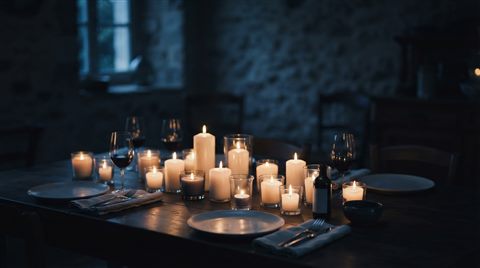 Photorealistic photo of glowing candles on a table, wide shot with open space at the top for text, cool blue tones, quiet atmosphere, 16:9 aspect ratio