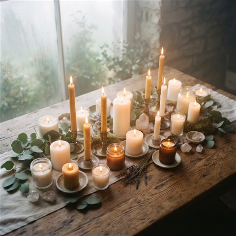 Photorealistic photo of glowing candles on a table, high-angle view from above, misty morning haze, dreamy, 1:1 aspect ratio
