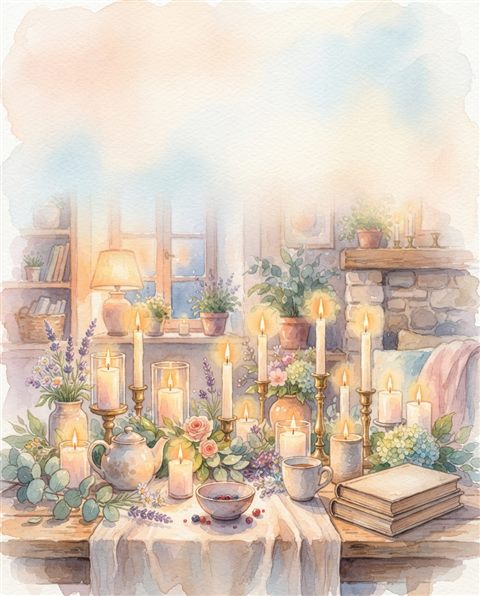 Watercolor illustration of glowing candles on a table, wide shot with open space at the top for text, soft pastel colors, bright and cozy, 4:5 aspect ratio