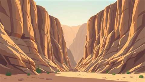 Minimal flat illustration of A majestic deep sandstone canyon with dramatic sunlight hitting the rugged cliff walls, centered subject with a simple uncluttered composition, soft pastel colors, bright and cozy, 16:9 aspect ratio
