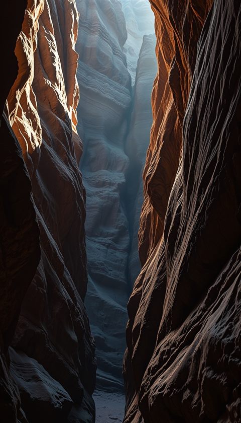 Photorealistic photo of A majestic deep sandstone canyon with dramatic sunlight hitting the rugged cliff walls, close-up detail with shallow depth of field, moody dark tones, dramatic lighting, 9:16 aspect ratio