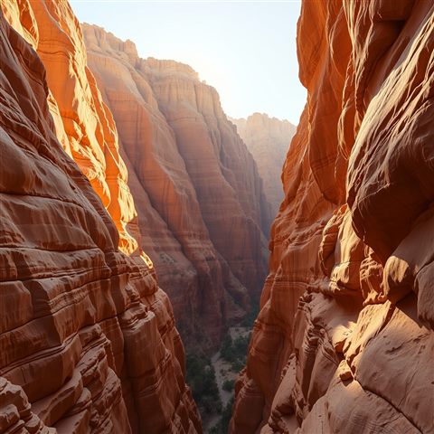 Photorealistic photo of A majestic deep sandstone canyon with dramatic sunlight hitting the rugged cliff walls, wide shot with open space at the top for text, warm golden light, calm mood, 1:1 aspect ratio