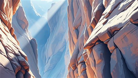 Watercolor illustration of A majestic deep sandstone canyon with dramatic sunlight hitting the rugged cliff walls, close-up detail with shallow depth of field, cool blue tones, quiet atmosphere, 16:9 aspect ratio