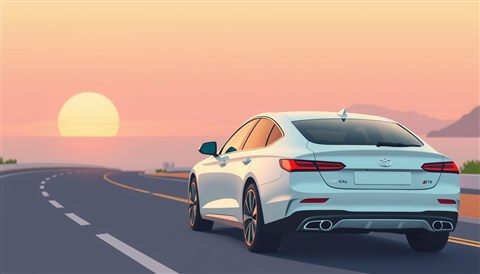 Minimal flat illustration of A sleek modern car parked peacefully on a scenic coastal road at sunset, close-up detail with shallow depth of field, soft pastel colors, bright and cozy, 16:9 aspect ratio