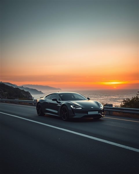Photorealistic photo of A sleek modern car parked peacefully on a scenic coastal road at sunset, centered subject with a simple uncluttered composition, moody dark tones, dramatic lighting, 4:5 aspect ratio